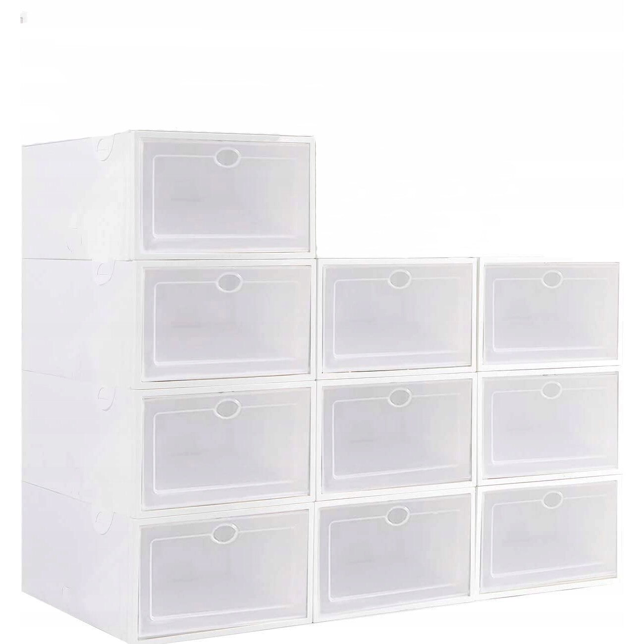 Set 10 organizatoare pentru pantofi tip cutie, Zola®, albe cu capac transparent, cu posibilitate de unire intre ele, 37x24x14cmcm