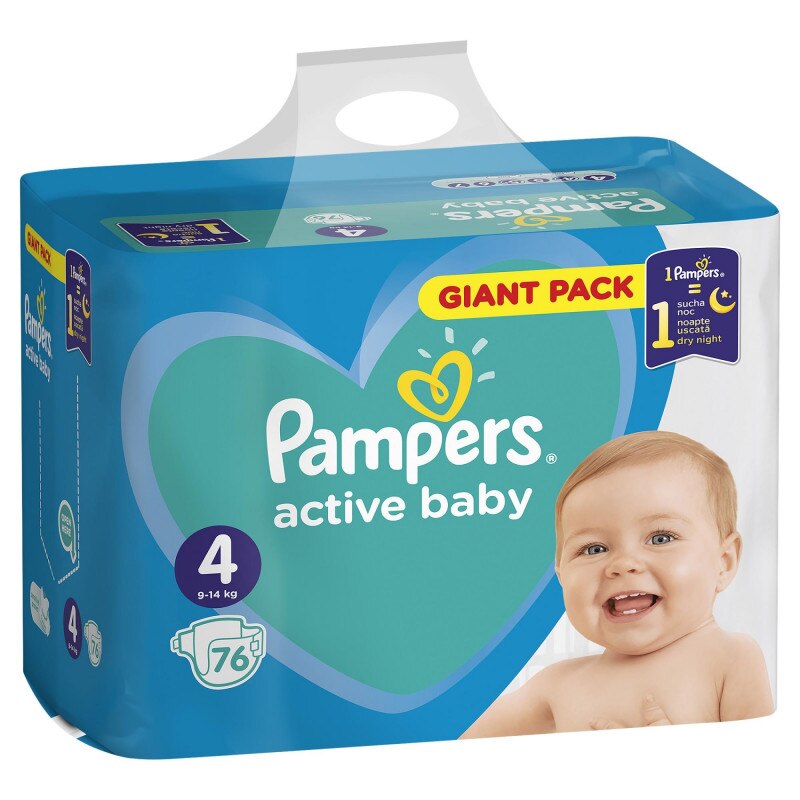 Scutece Pampers Active Baby Numarul 4, pentru 9-14 kg, cantitate 76 buc cu strat interior cu Micro-perle, laterale flexibile si absorbtia rapida a lichidului