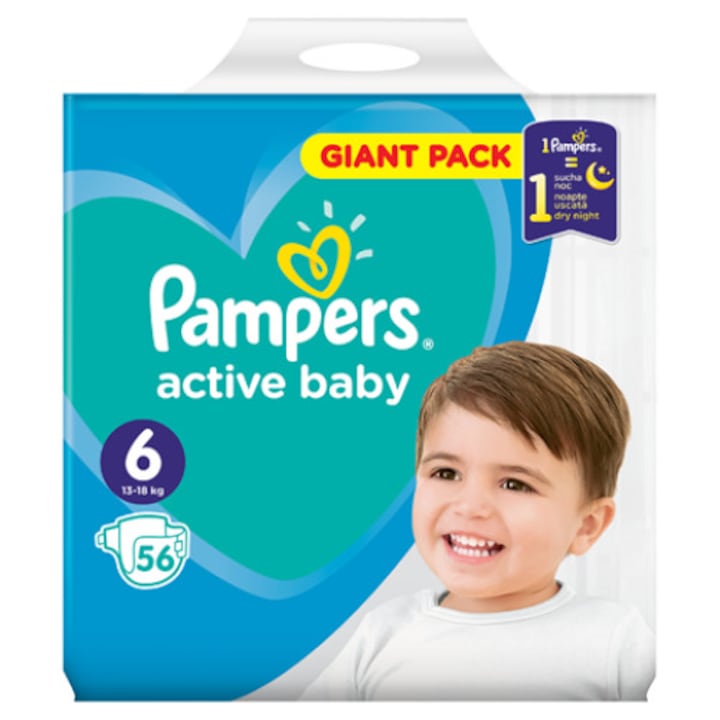 Scutece Pampers Active Baby,gigant pack,marimea 6,cantitate 56 de bucati,pentru 13-18 kg,cu strat aditional unic pentru protectie suplimentara pe timp de noapte