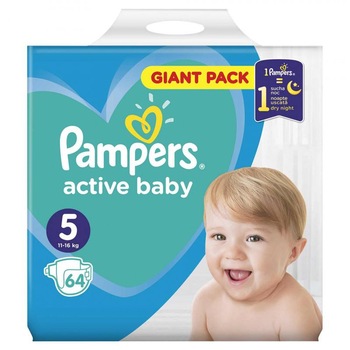 Scutece Pampers Active Baby Numarul 5, pentru 11-16 kg, cantitate 64 buc cu strat interior cu Micro-perle, laterale flexibile si absorbtia rapida a lichidului Scutece Pampers Active Baby Numarul 5, pentru 11-16 kg, cantitate 64 buc cu strat interior cu Micro-perle, laterale flexibile si absorbtia rapida a lichidului