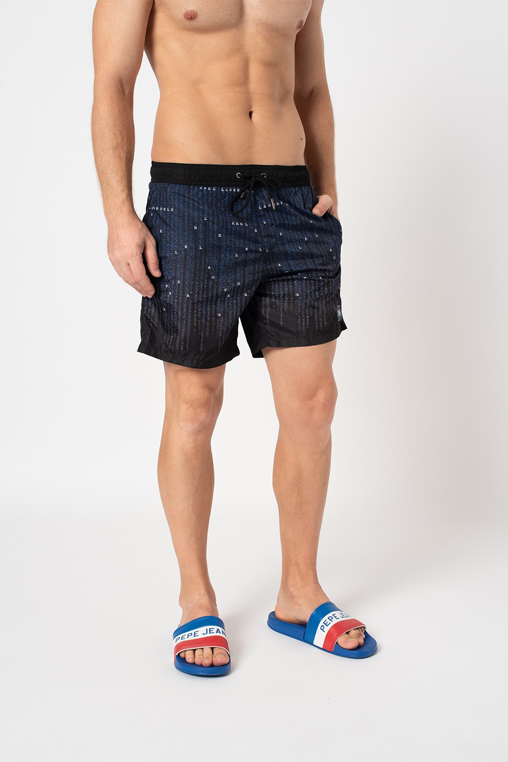 Karl Lagerfeld, Pantaloni scurti de baie cu imprimeu logo, Negru/Bleumarin, L