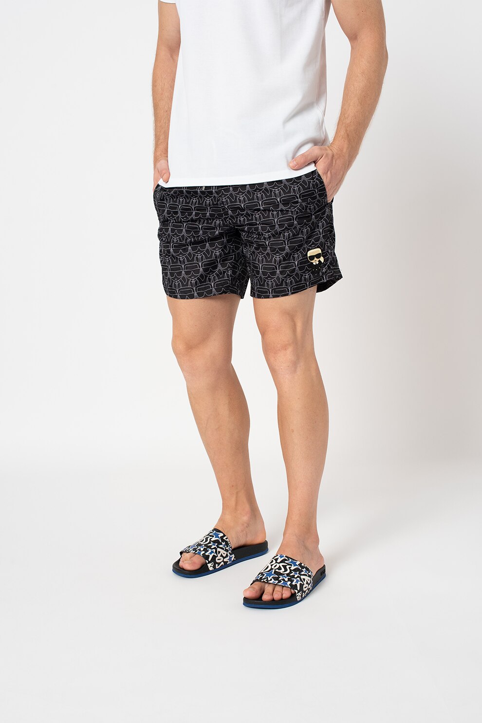 Karl Lagerfeld, Pantaloni scurti de baie cu model si snur de ajustare Ikonic, Negru/Alb, S