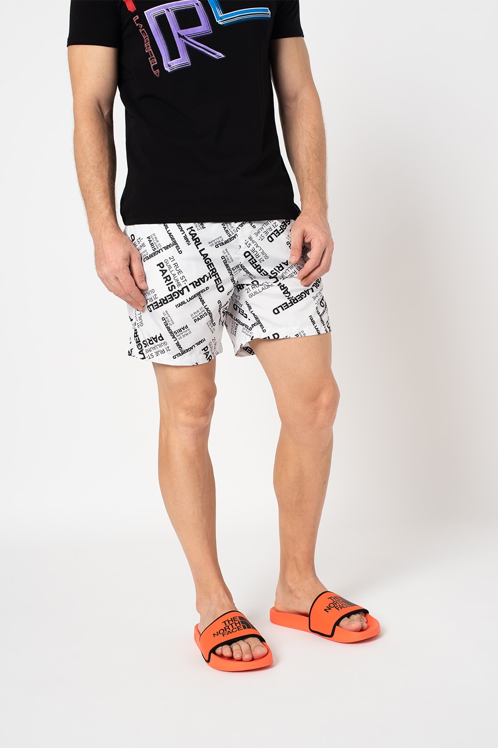 Karl Lagerfeld, Pantaloni scurti de baie cu imprimeu logo, Alb/Negru