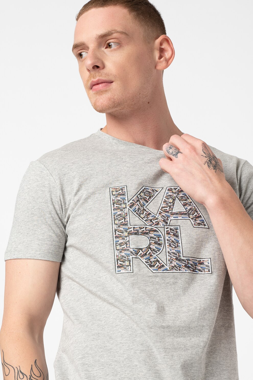 Karl Lagerfeld, Tricou de plaja cu imprimeu logo, Gri melange/alb/maro