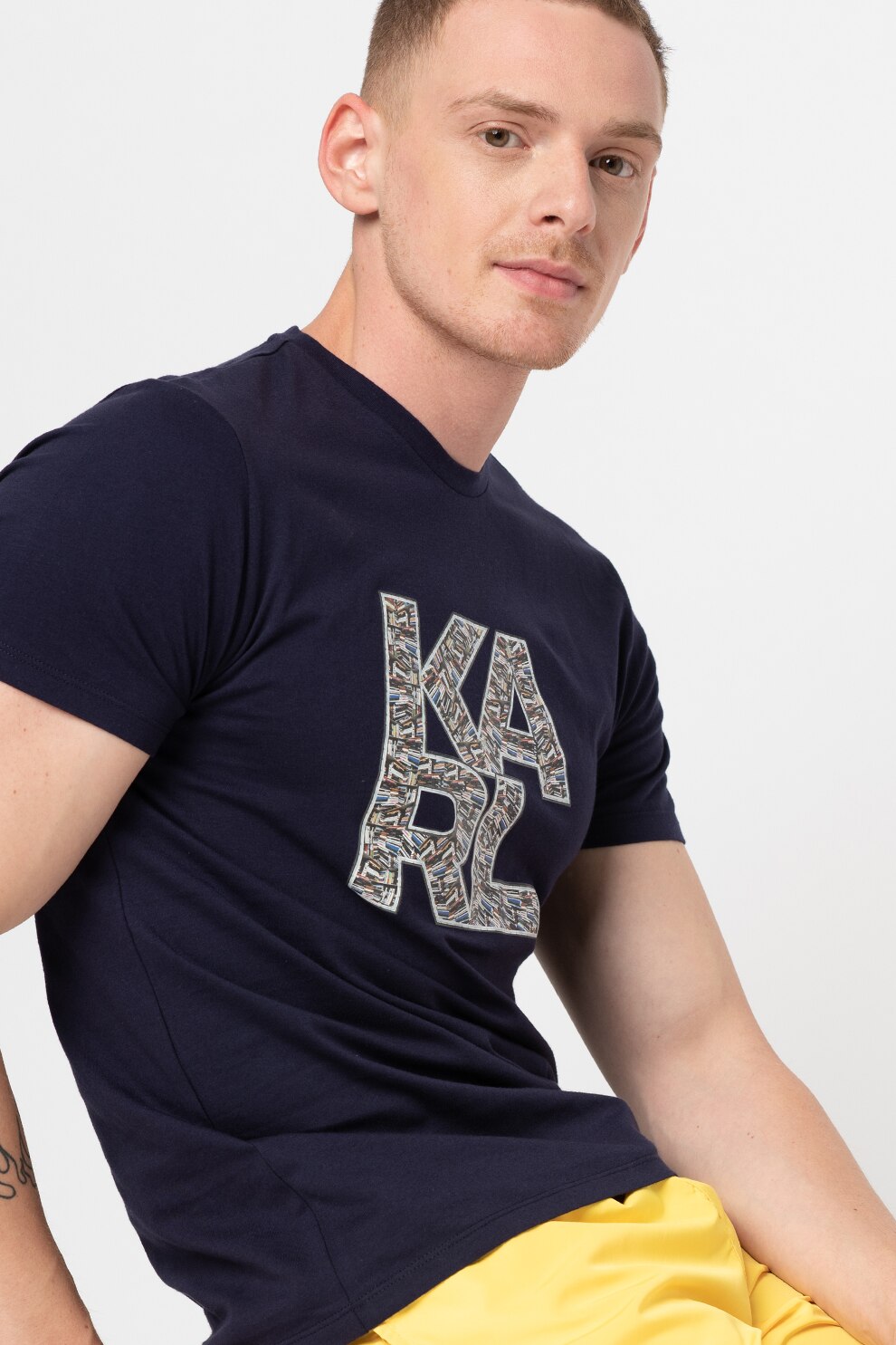 Karl Lagerfeld, Tricou de plaja cu imprimeu logo, Bleumarin/Alb/Maro