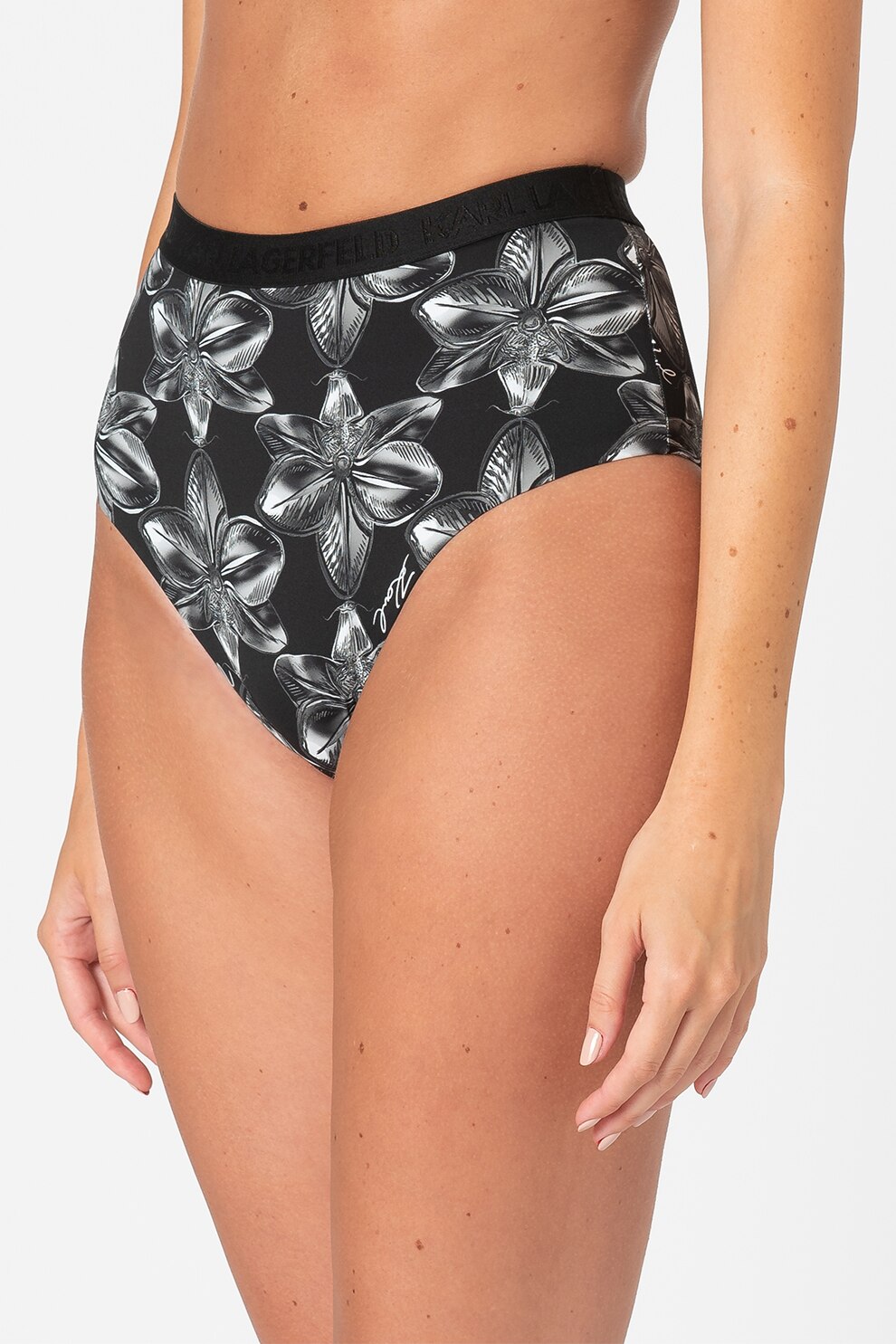 Karl Lagerfeld, Slip hipster cu talie inalta si model floral, Negru/Alb
