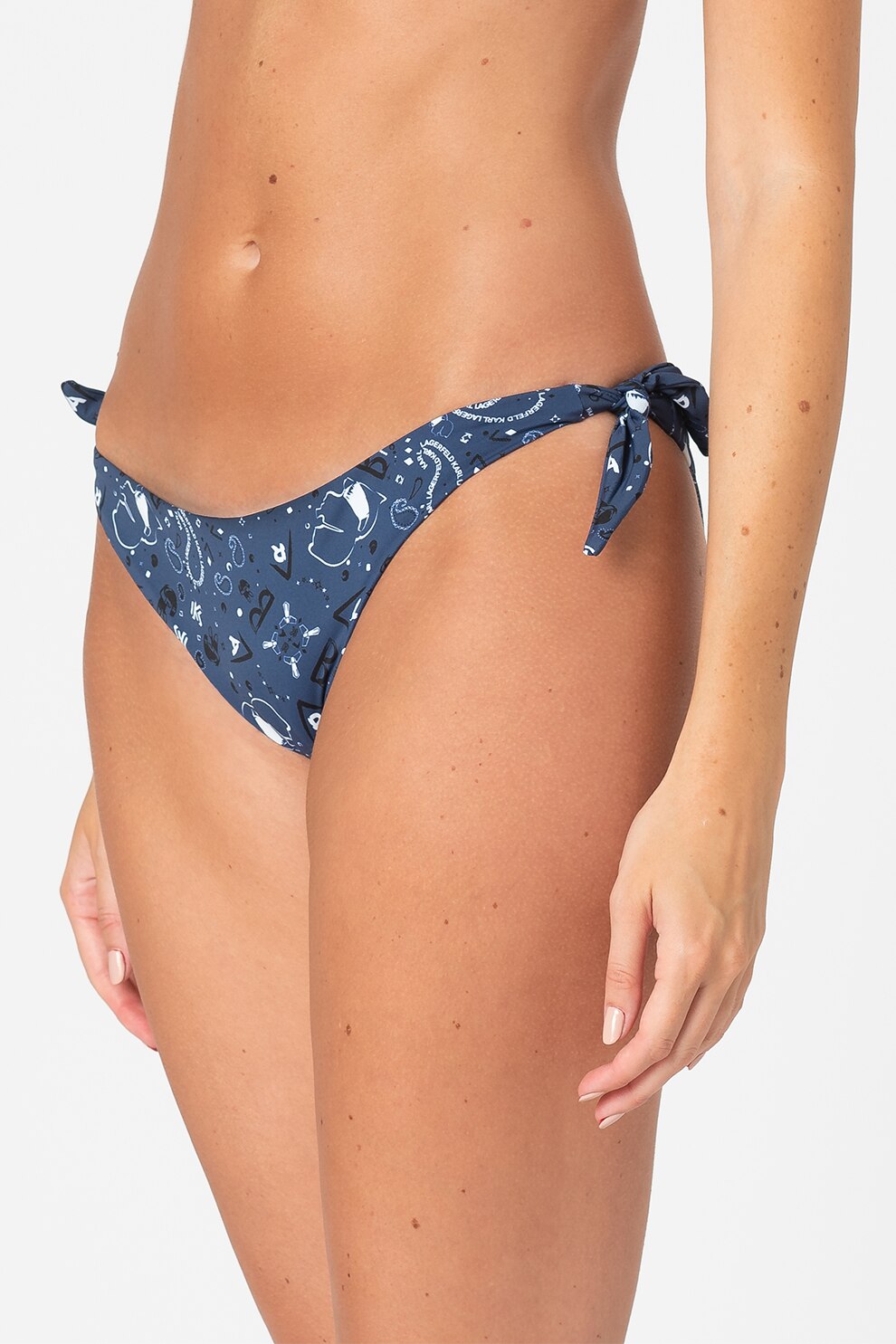 Karl Lagerfeld, Slip brazilian cu snururi laterale si model grafic, albastru inchis/alb
