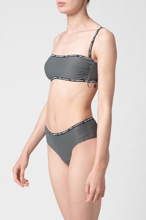 Karl Lagerfeld, Bandeau fazonú hajszálcsíkos fürdőruhafelső levehető pántokkal, Fekete/Ezüstszín, XS
