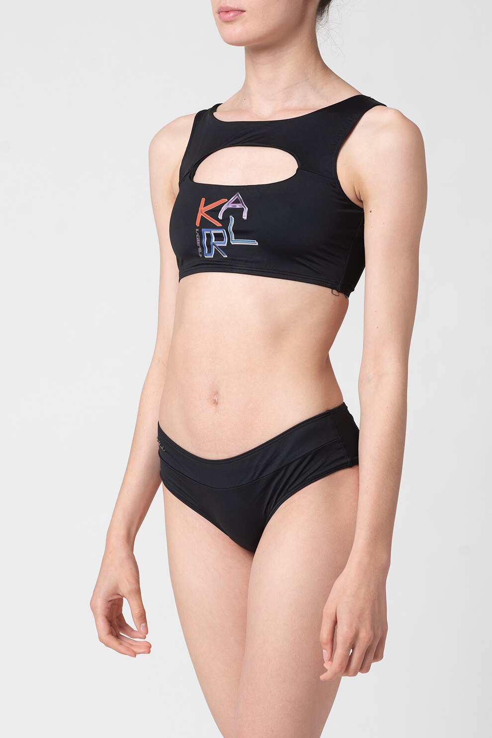 Karl Lagerfeld, Bustiera de baie cu imprimeu logo, Negru/maro scortisoara/violet