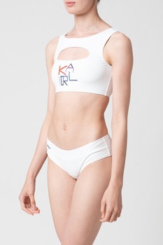 Karl Lagerfeld, Bustiera de baie cu imprimeu logo, Alb optic/albastru indigo/maro scortisoara Karl Lagerfeld, Bustiera de baie cu imprimeu logo, Alb optic/albastru indigo/maro scortisoara