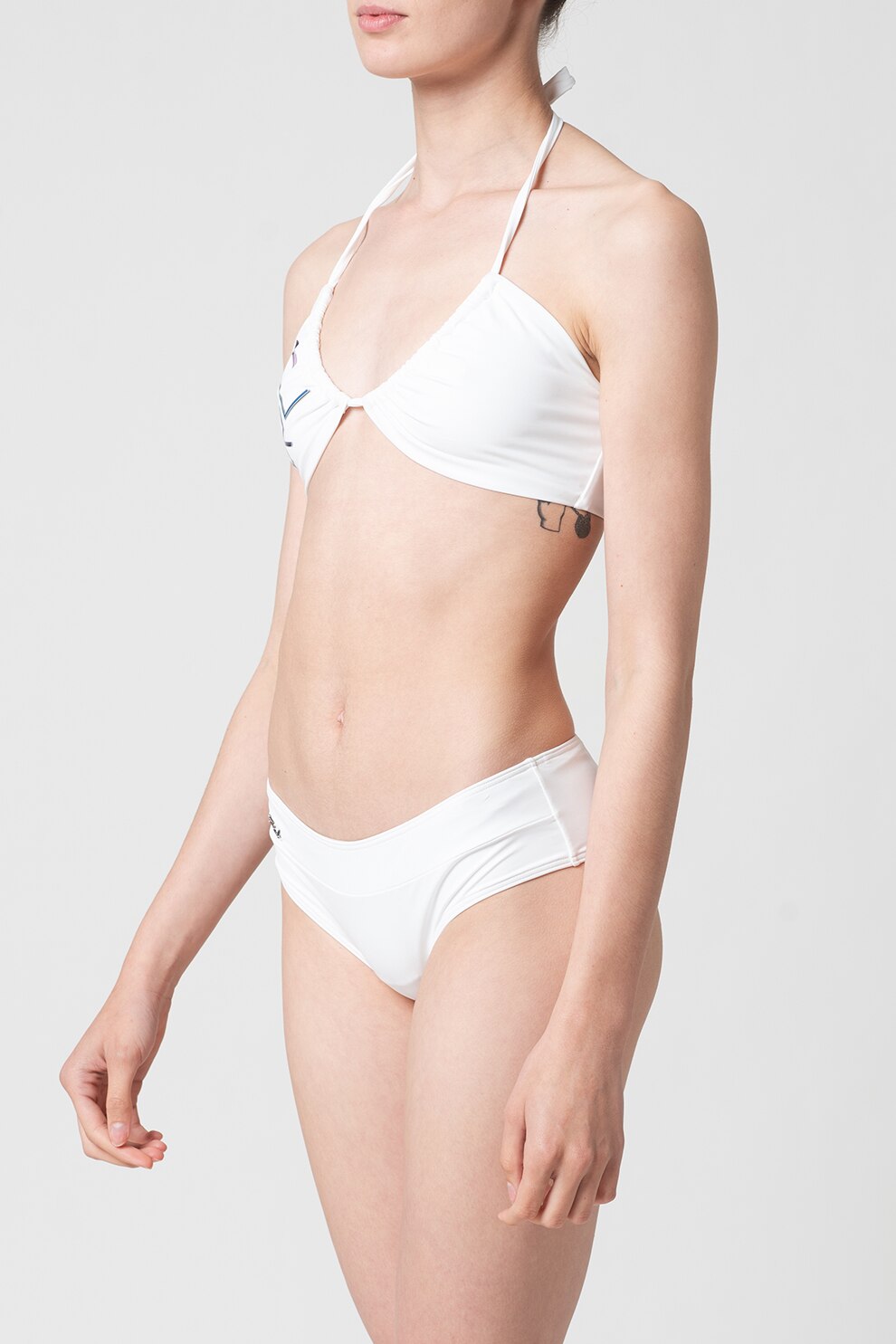 Karl Lagerfeld, Sutien de baie cu imprimeu logo, Alb optic/albastru indigo/maro scortisoara