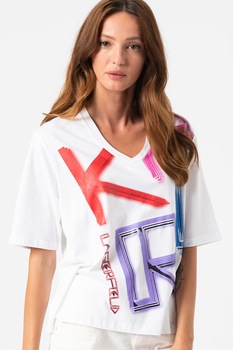 Karl Lagerfeld, Tricou de plaja cu decolteu in V si imprimeu logo, Alb/Rosu/Roz Karl Lagerfeld, Tricou de plaja cu decolteu in V si imprimeu logo, Alb/Rosu/Roz