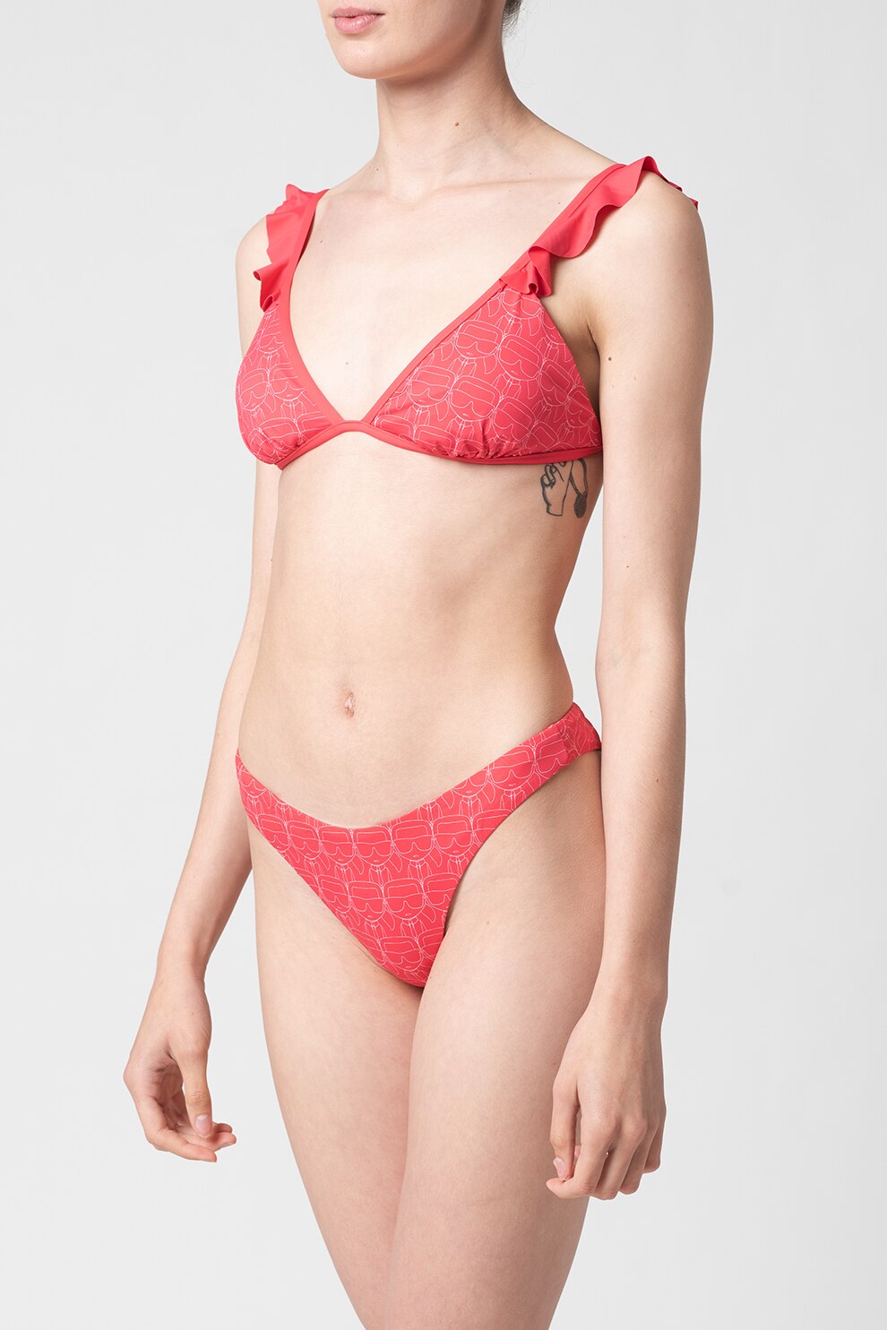 Karl Lagerfeld, Sutien de baie cu volane si model Karl, Fucsia/Alb