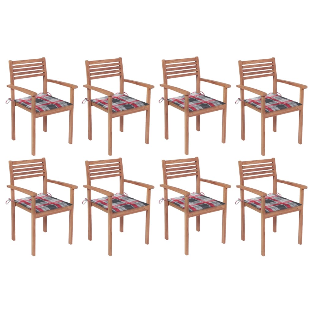 Set Scaune de gradina stivuibile cu perne, 8 buc maro/rosu carouri, lemn masiv tec 3072613