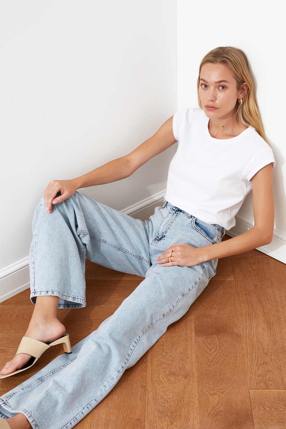 Trendyol, Blugi cu croiala ampla si talie inalta, Albastru deschis, 2XS