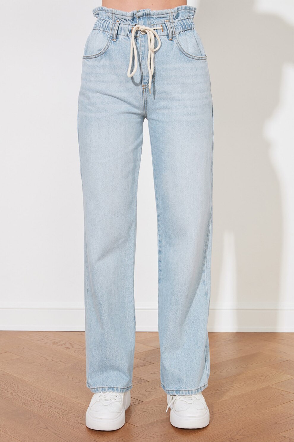Trendyol, Blugi cu croiala ampla si snur, Albastru deschis