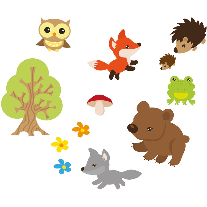 Set Abtibilduri 12 PENTRU COPII animale de padure flori 125cm x 250cm Creative decor, Abstract, Fantezie, Modern, Dormitor