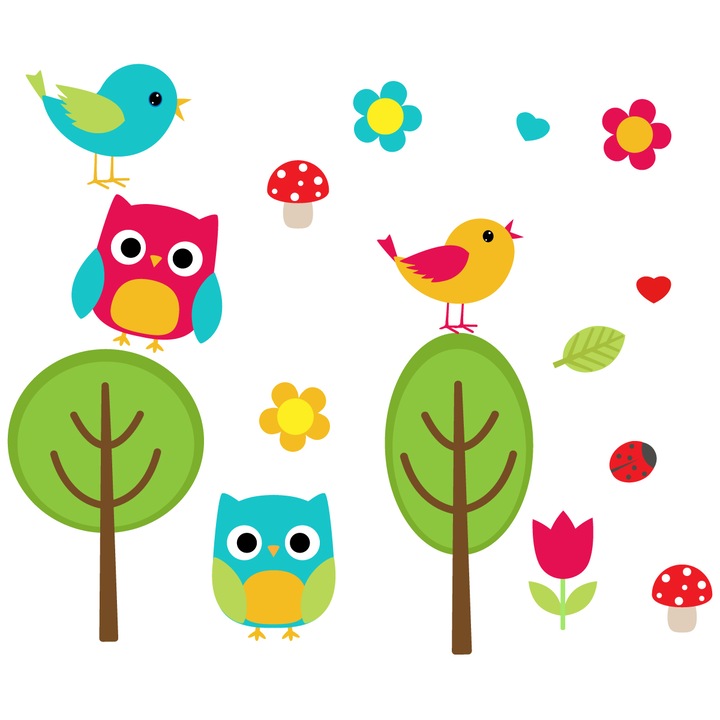 Set Abtibilduri 16 PENTRU COPII pasari colorati copaci 125cm x 250cm Colorat, Abstract, Creative decor, Autoadeziva