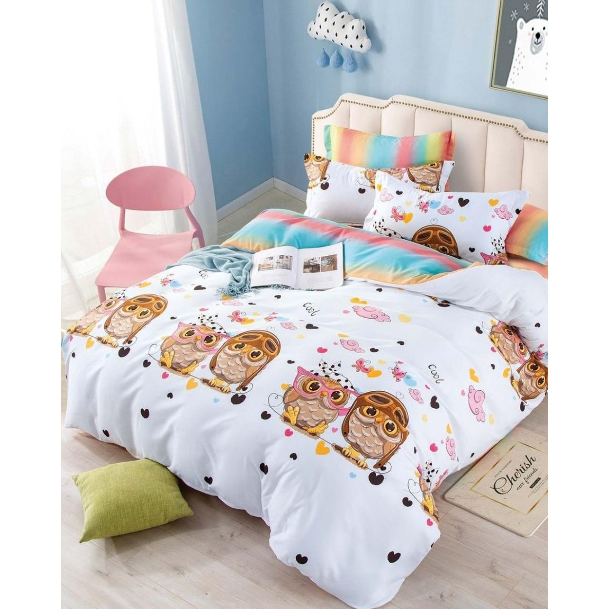 Lenjerie de Pat din Finet cu 2 Fete, 6 Piese, Pat 2 Persoane, Baby Owls