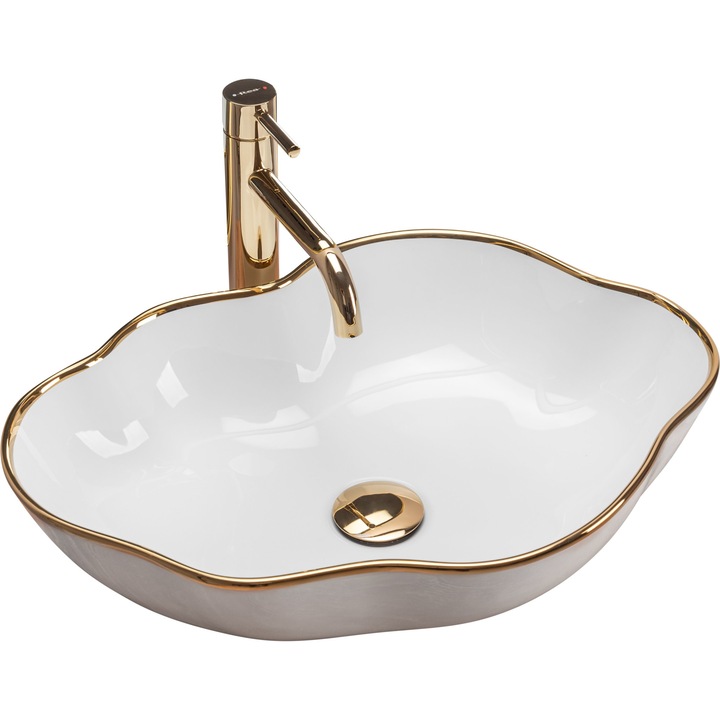 Lavoar pentru blat Rea Pearl Gold Edge, Alb/Auriu, 390x390 mm