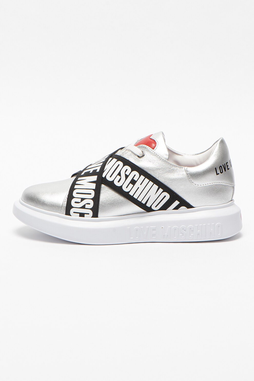 Love Moschino, Pantofi sport de piele si piele ecologica cu aspect metalizat si benzi logo, Argintiu/Negru/Alb, 38