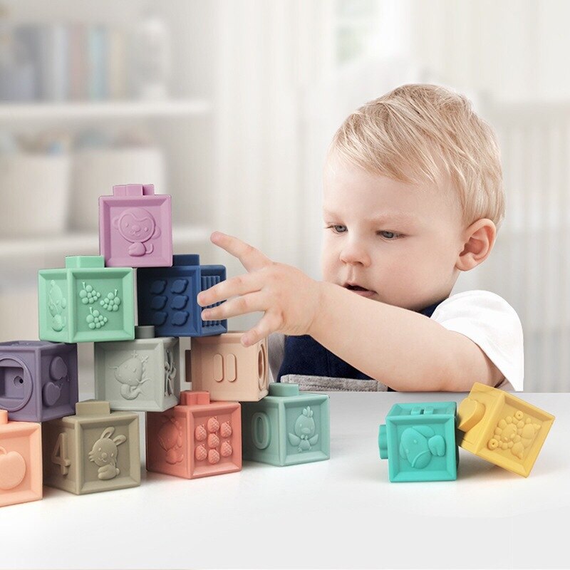 Set 12 cuburi moi pentru bebelusi, Nando®, cu diferite forme si texturi ...
