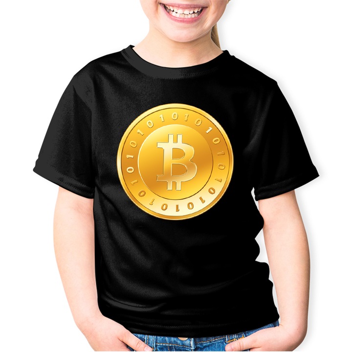 Tricou copii Bitcoins Crypto Blockchain, negru, marime 9-11 ani