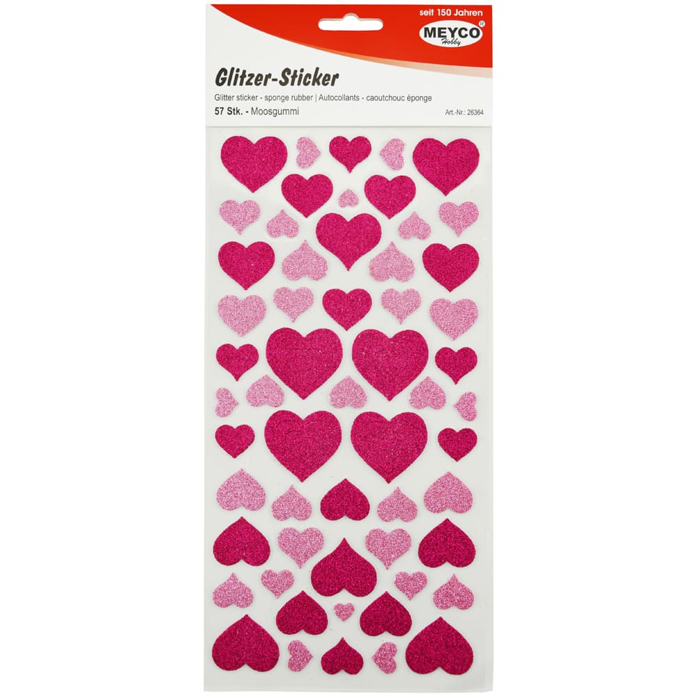 Set accesorii creatie, stickere buretate inimi glitter, 1.5mm, 57 buc, diferite marimi, roz, Meyco