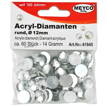 Set accesorii creatie, strasuri/diamante acrilice, Ø 12mm, 60 buc, argintiu, Meyco Set accesorii creatie, strasuri/diamante acrilice, Ø 12mm, 60 buc, argintiu, Meyco