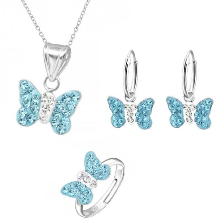 Set Cercei, Colier si Inel Butterfly Blue din Argint 925, culoare argintiu, cutie bijuterii inclusa