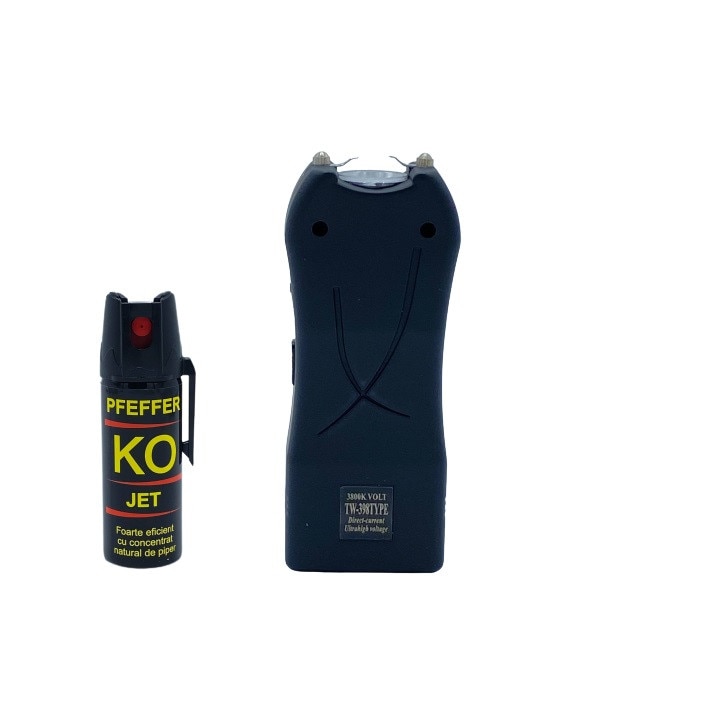 Set format din Electrosoc 398 si Spray KO 50 ML pentru autoaparare