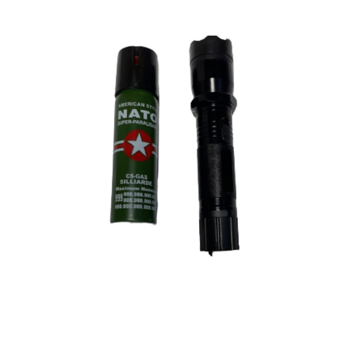 Set format din Spray Nato, 90 ml si lanterna cu Electrosoc, 1101 pentru autoaparare