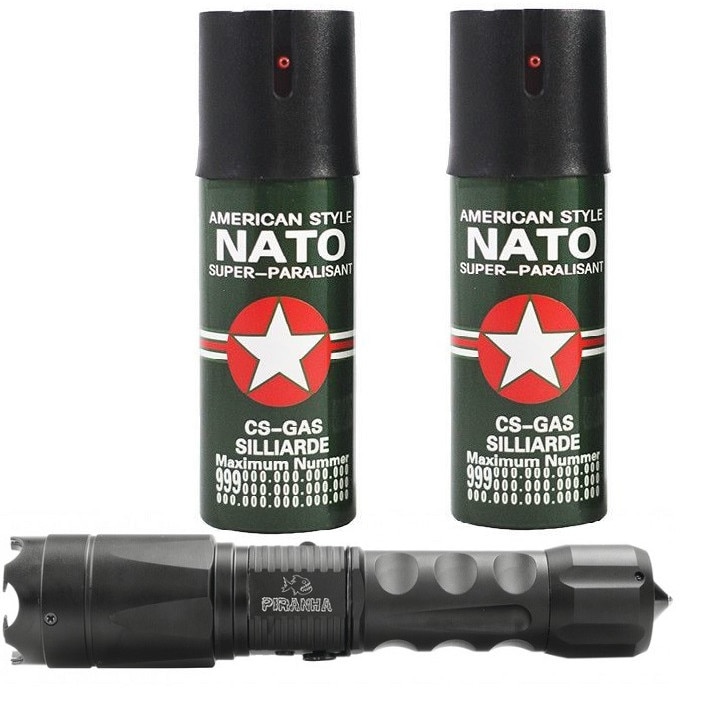 Set format din Electrosoc Piranha , full metal, si doua Spray-uri Paralizante, Nato, 60ml