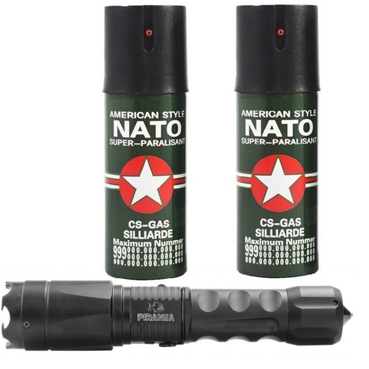 Set format din Electrosoc Piranha , full metal, si doua Spray-uri Paralizante, Nato, 60ml