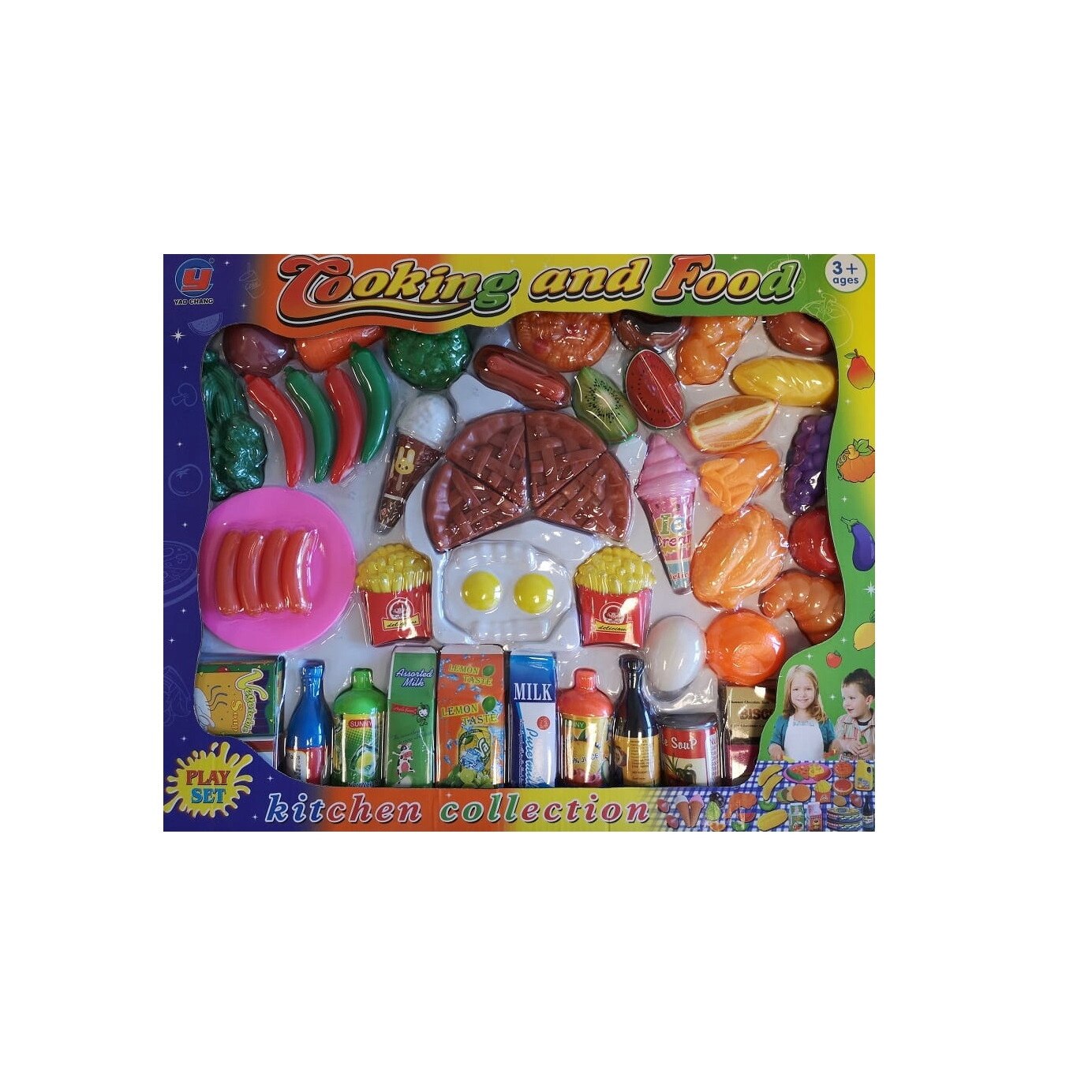Set Accesorii de Bucatarie, KinderVibe, Include 53 de Elemente, Pizza, Legume, Fructe, Bauturi, Cartofi Prajiti, Hot-Dog, Stimuleaza Jocul de Rol si Imaginatia, Multicolor