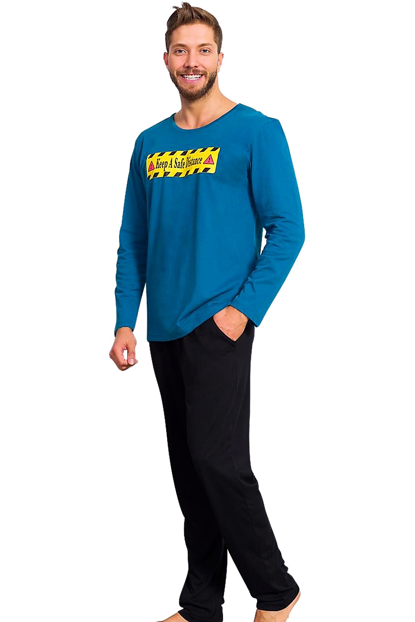 Pijama Barbati, Gazzaz by Vienetta, Model 'Keep a Safe Distance', Culoare Albastru/Negru