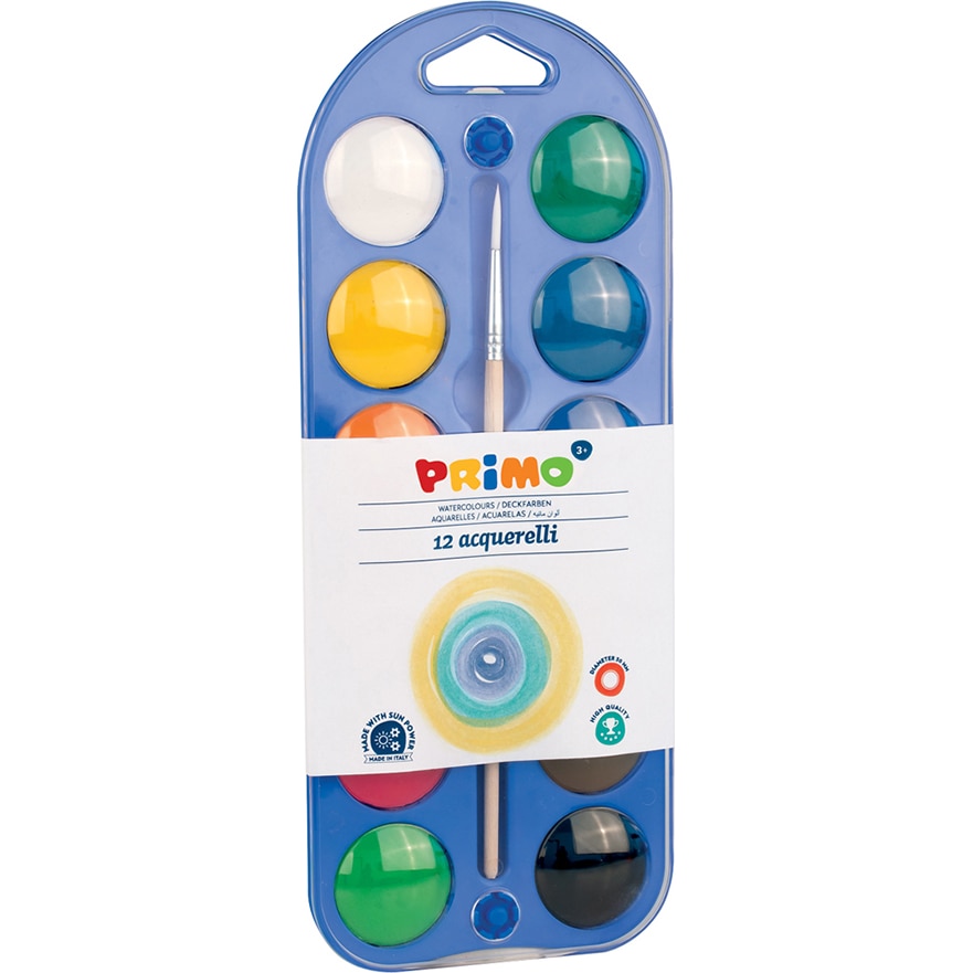 Acuarele cu paleta si pensula Primo, diametru tableta 30mm, 12 culorit