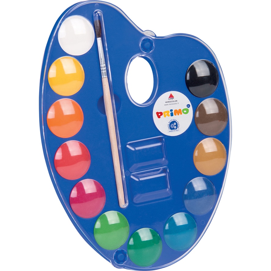 Acuarele cu paleta si pensula Primo, diametru tableta 25mm, 12 culori