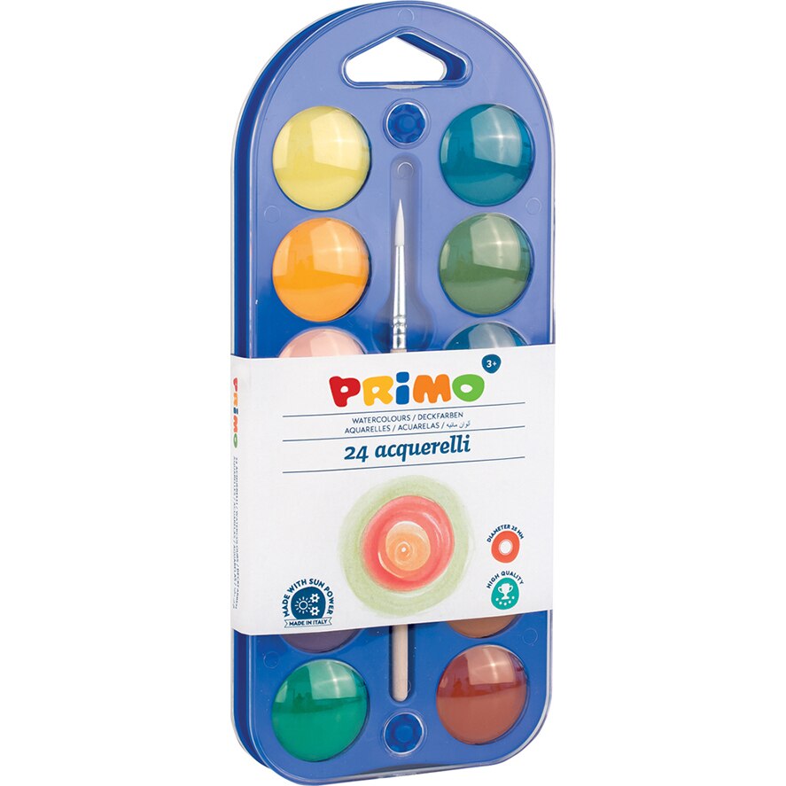 Acuarele cu paleta si pensula Primo, diametru tableta 25mm, 24 culori