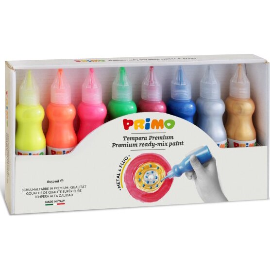 Tempera Primo, 4 culori fluorescente, 4 culori metalice, 8 buc/set