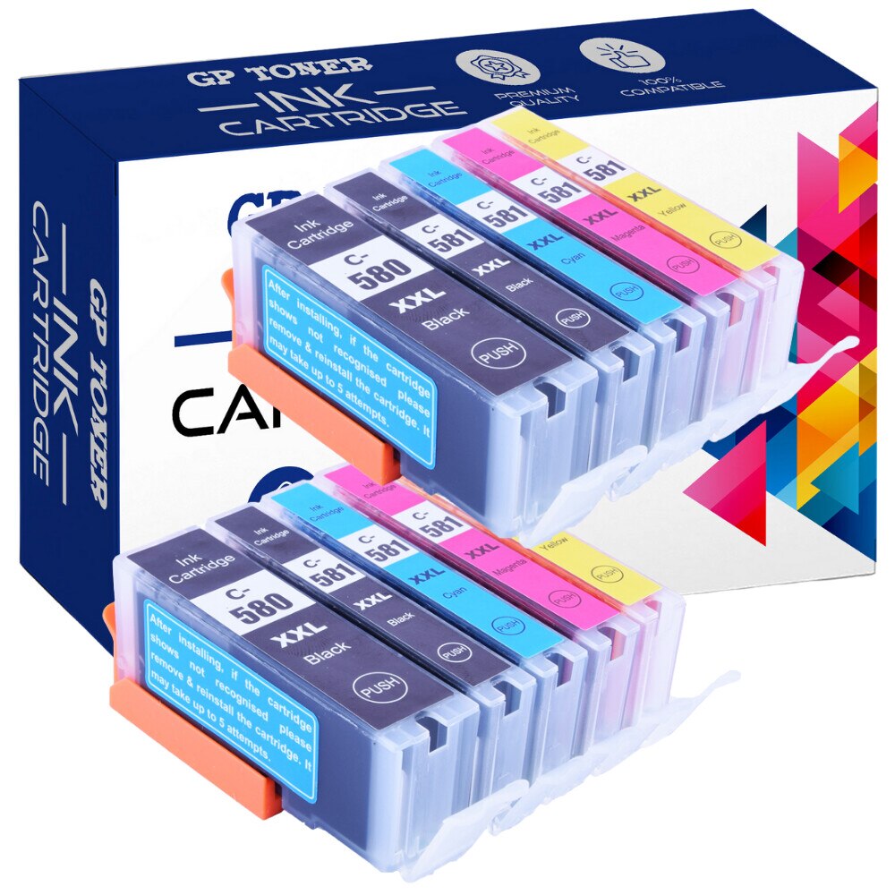 Set 10 cartuse cerneala, GP Toner, XXL Compatibil cu Canon Pixma TS6150/ TS6151/ TR7550, 2 x 27 ml, 8 x 12.5 ml, Multicolor