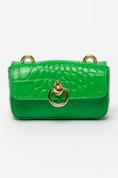 Pinko, Geanta crossbody de piele cu model piele de reptila si bareta cu franjuri Lovelink, Verde/Auriu Pinko, Geanta crossbody de piele cu model piele de reptila si bareta cu franjuri Lovelink, Verde/Auriu