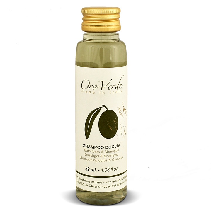 Хотел шампоан и душ гел Oro Verde, 32 мл със зехтин, 100 бр
