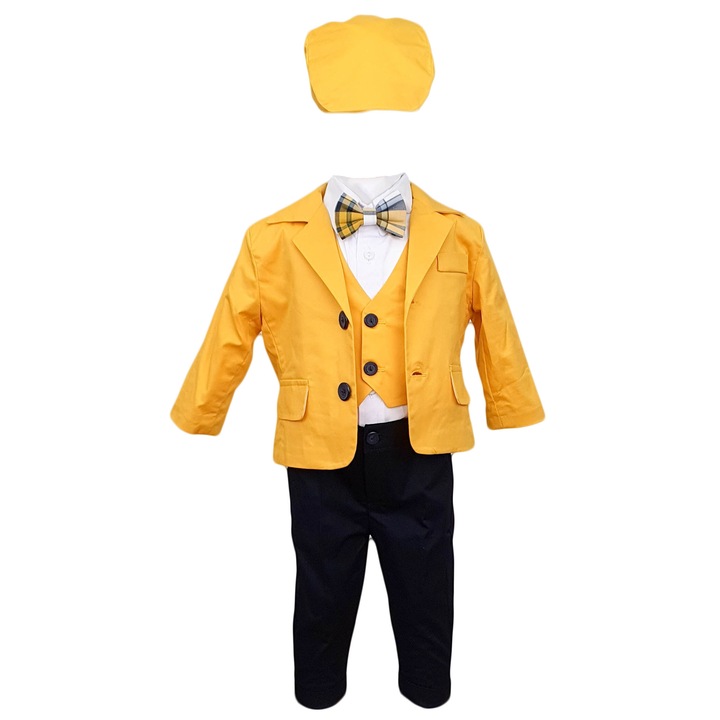 Costum botez, model Baby Boss, galben-negru, varsta 6-9 luni