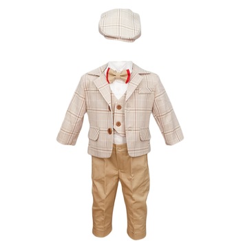 Costum botez in carouri crem-maro, varsta 6-9 luni Costum botez in carouri crem-maro, varsta 6-9 luni