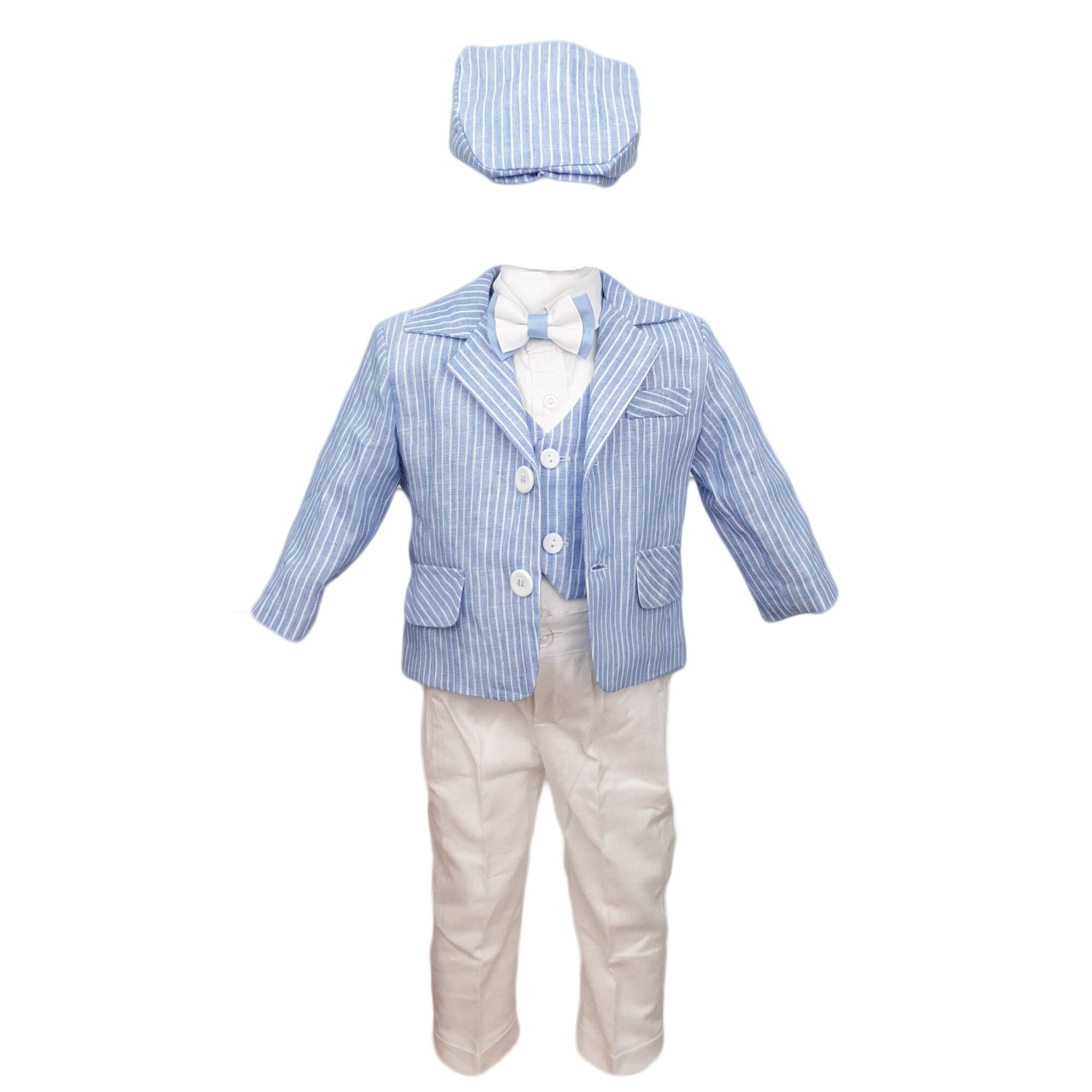 Costum botez, model Summer Time, alb-bleu, varsta 3-6 luni