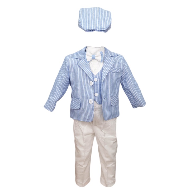 Costum botez, model Summer Time, alb-bleu, varsta 6-9 luni