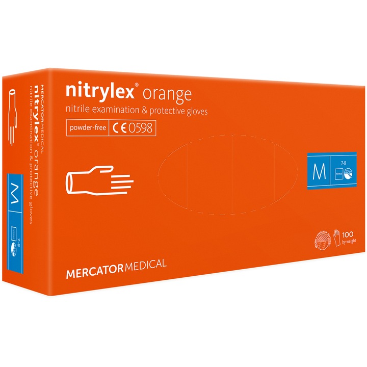 Set 100 bucati Manusi Nitrylex Orange, Nitril, nepudrate, portocaliu, marimea M