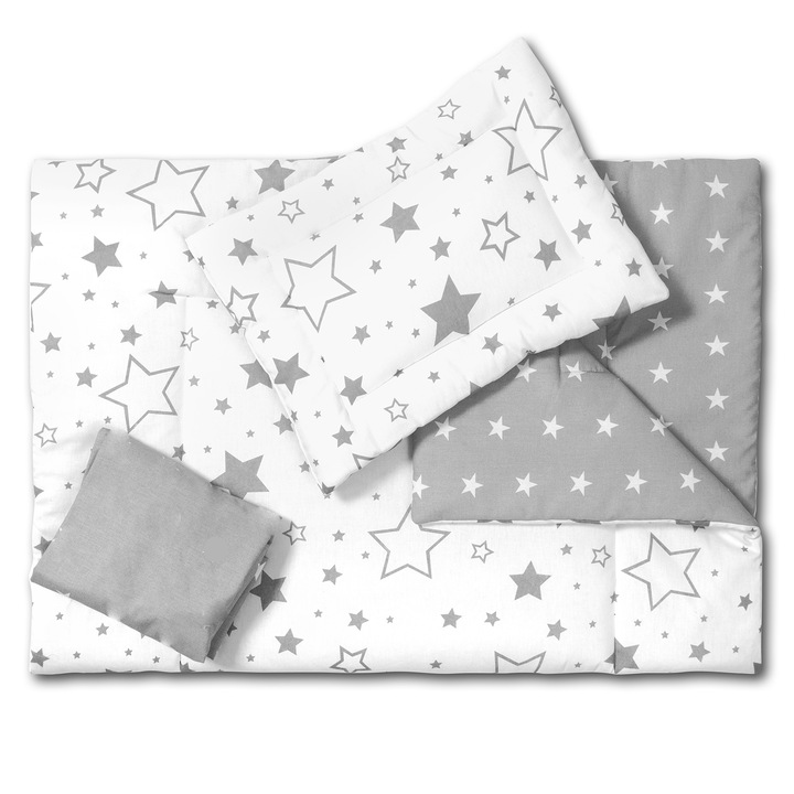 Памучен спален комплект Kidizi Galaxy Grey от 3 части, бебешка възглавница, завивка и чаршаф