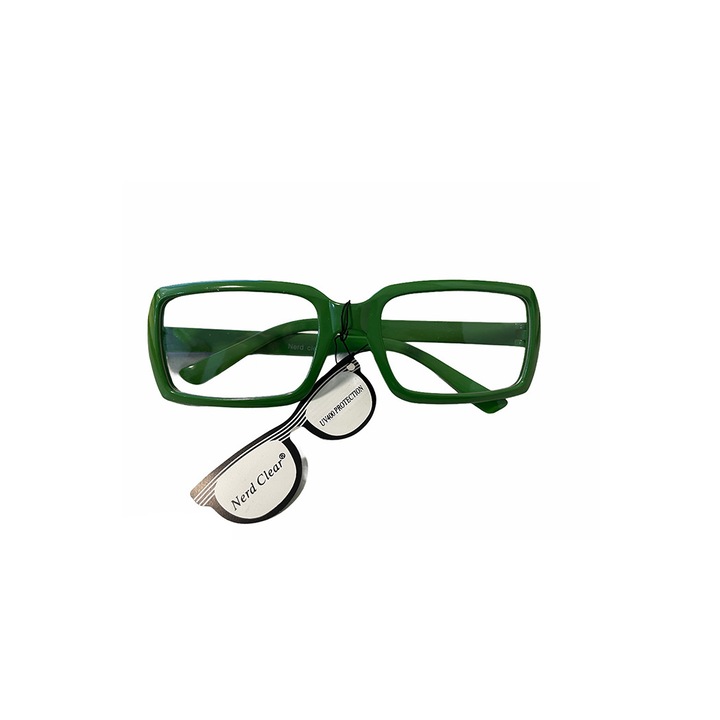 Ochelari de soare pentru copii, Nerd Clear, UV 400, lentile transparente, dreptunghiulare, verde inchis